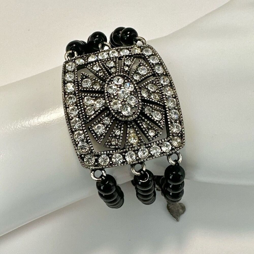 Sterling silver art deco rhinestone black beaded bracelet